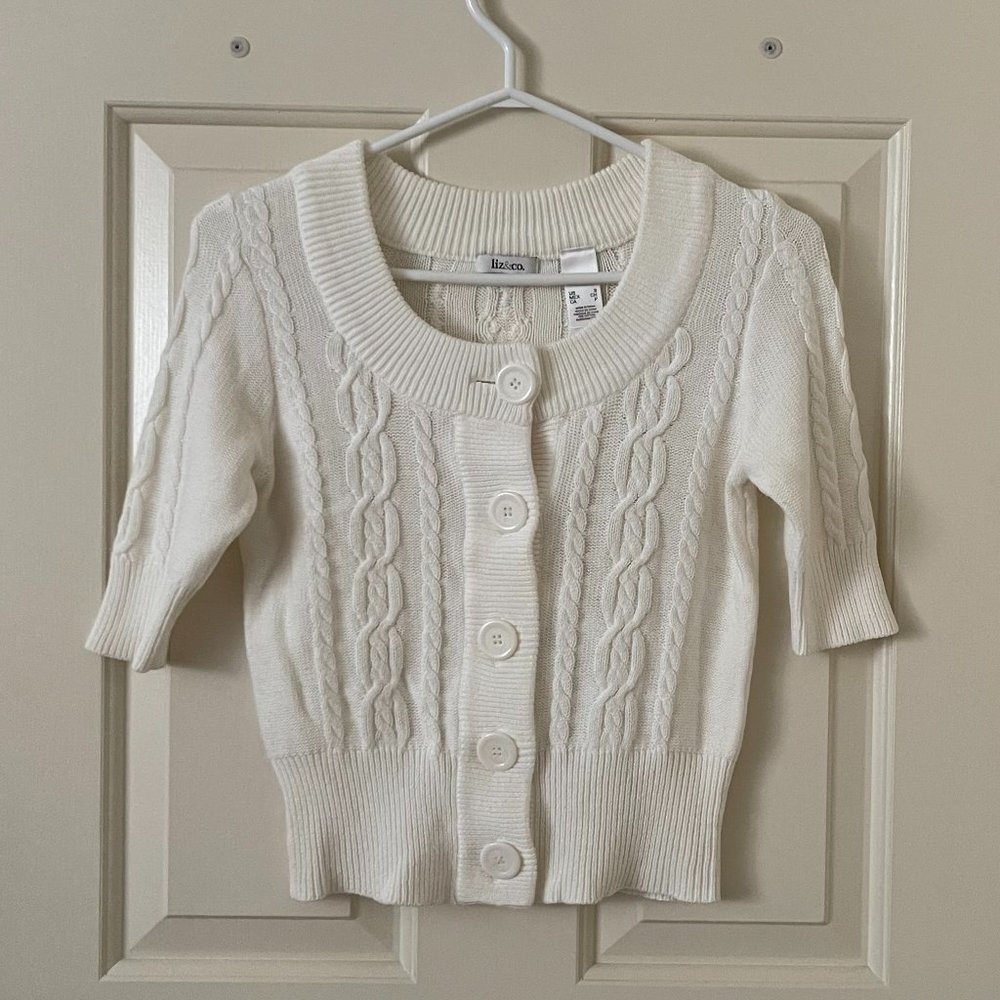 Liz & Co 100% Cotton Cropped White Button-up Sweater Size Small